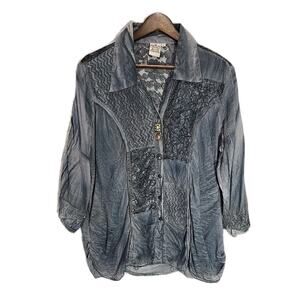 Parsley & Sage Top L Gray Blue Crinkle Cotton Lace Patchwork Lagenlook Eclectic